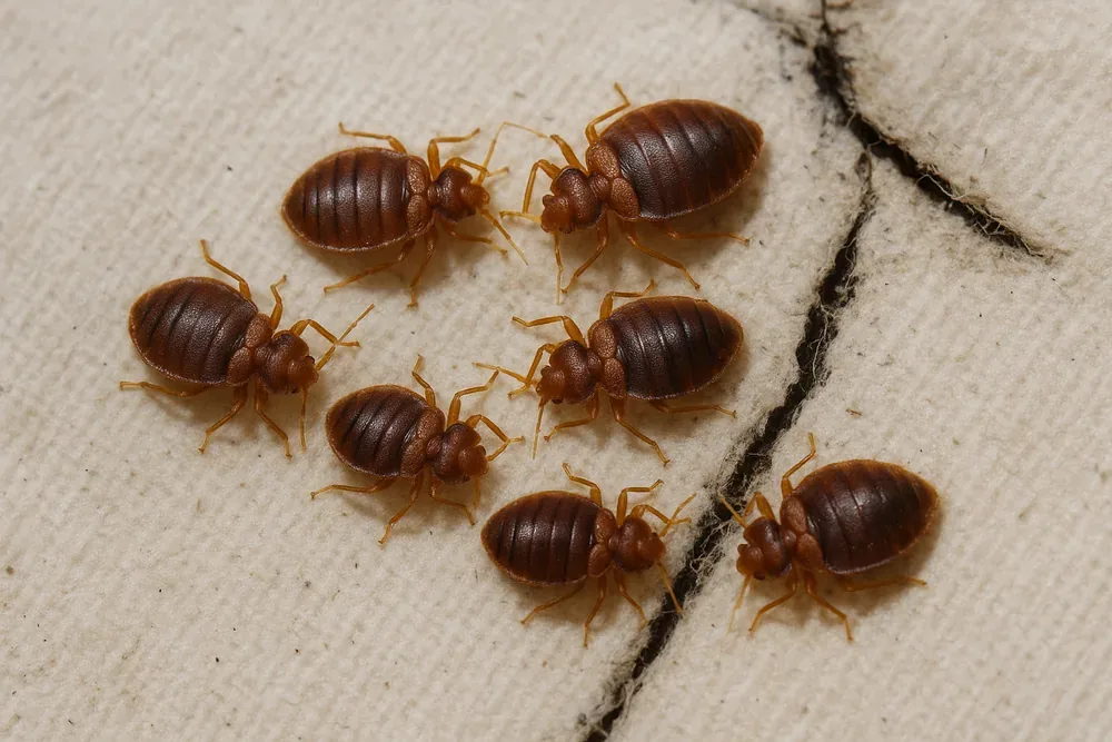 Adult bed bugs clustered along a mattress seam