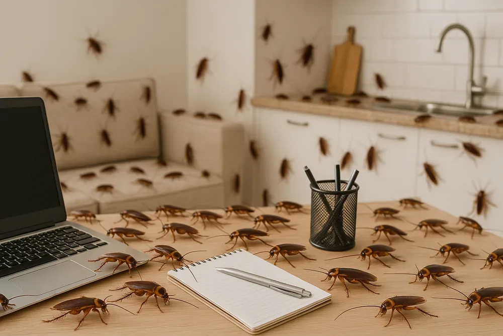 Heavy cockroach infestation spread across a kitchen worktop
