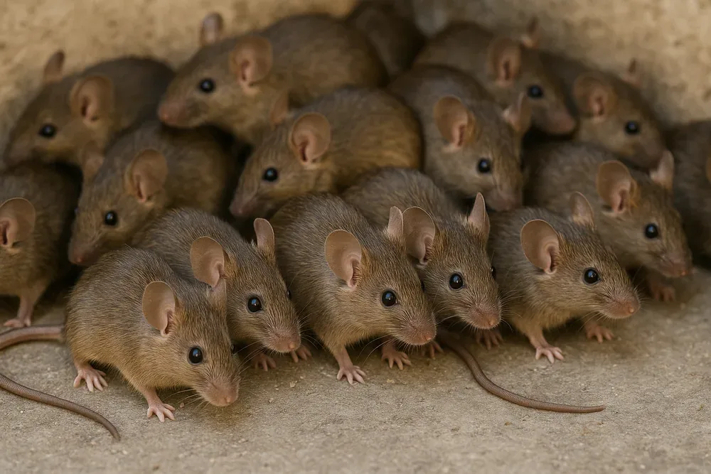 Group of house mice huddled together in a nesting site