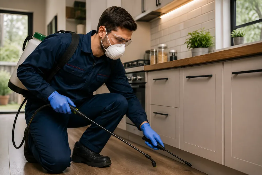 Pestoid technician applying a treatment along a kitchen skirting board