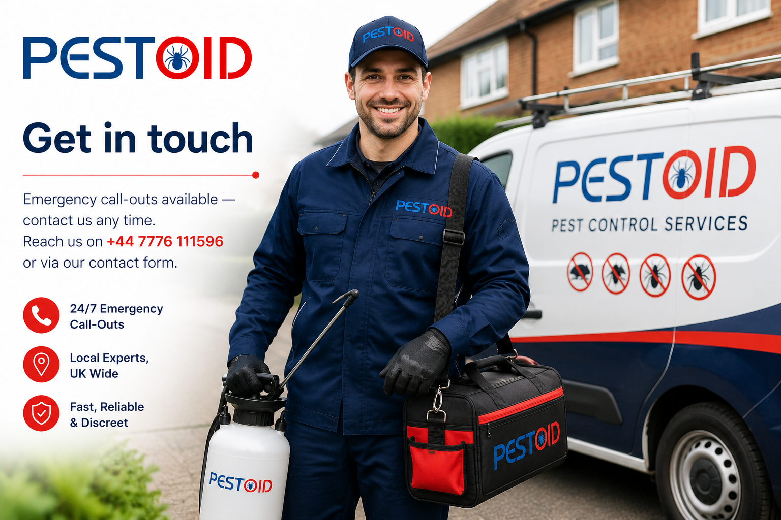 Pest control technician in high-visibility vest carrying equipment