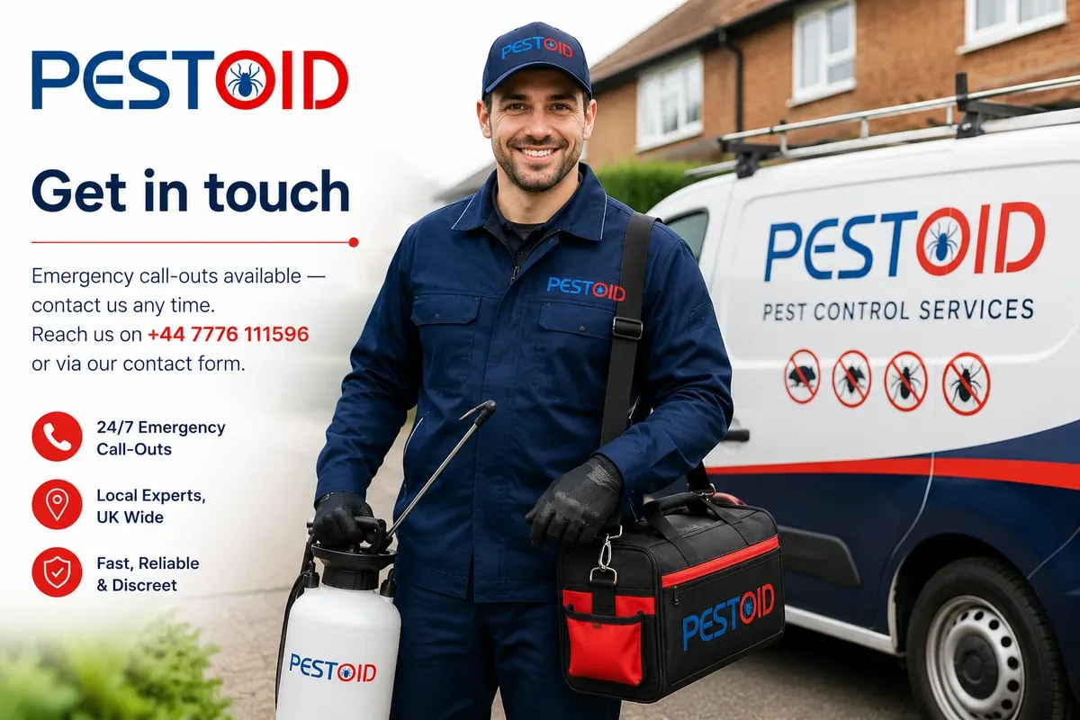 Pestoid technician standing beside a branded service van