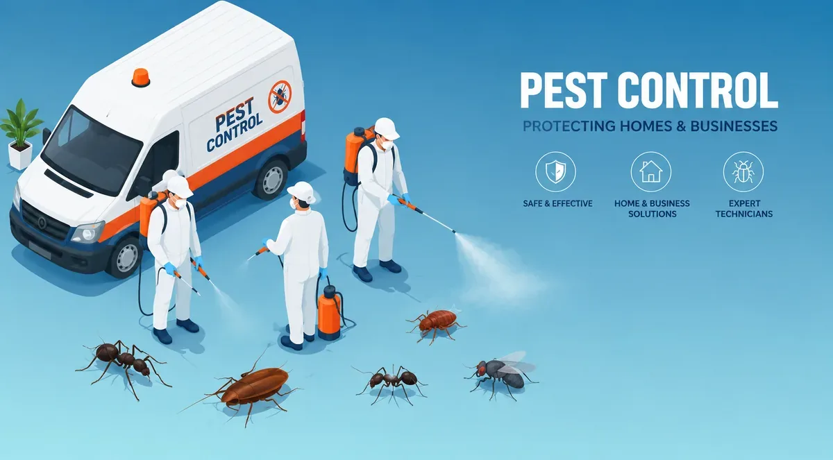 Illustration of pest control technicians and a service van